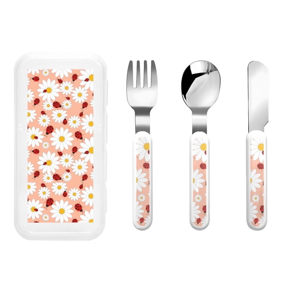 Honeii Daisy and Ladybug Print Children's Knife, Fork And Spoon Set,Reusable Utensils Set with Case,Travel Cutlery Set,for Kids Adults Camping