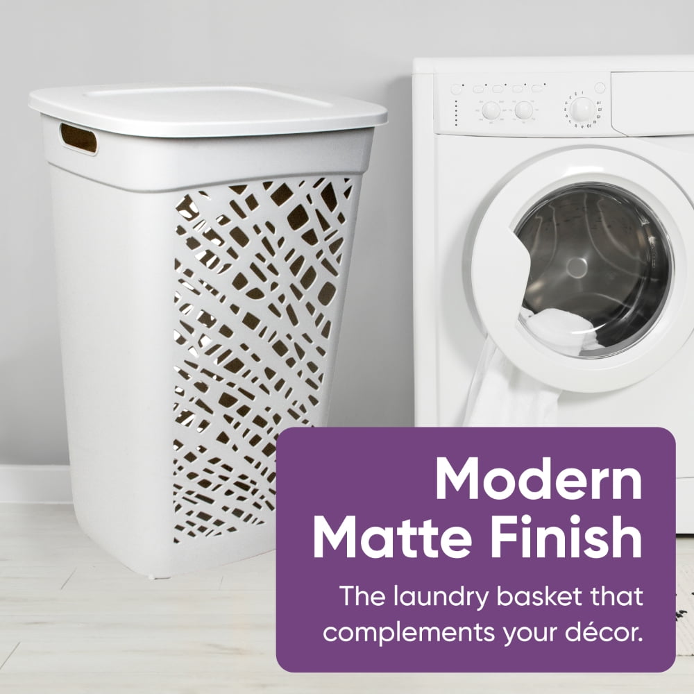 Non-Breakable Mosaic Hamper, 60L -Misty White, Elegant Design, Vented Laundry Basket, Made in France
