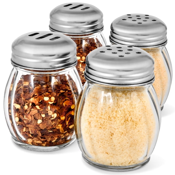 Set de Saleros para Especias y Dispensador de Queso de Vidrio 180 ml con Tapas de Acero