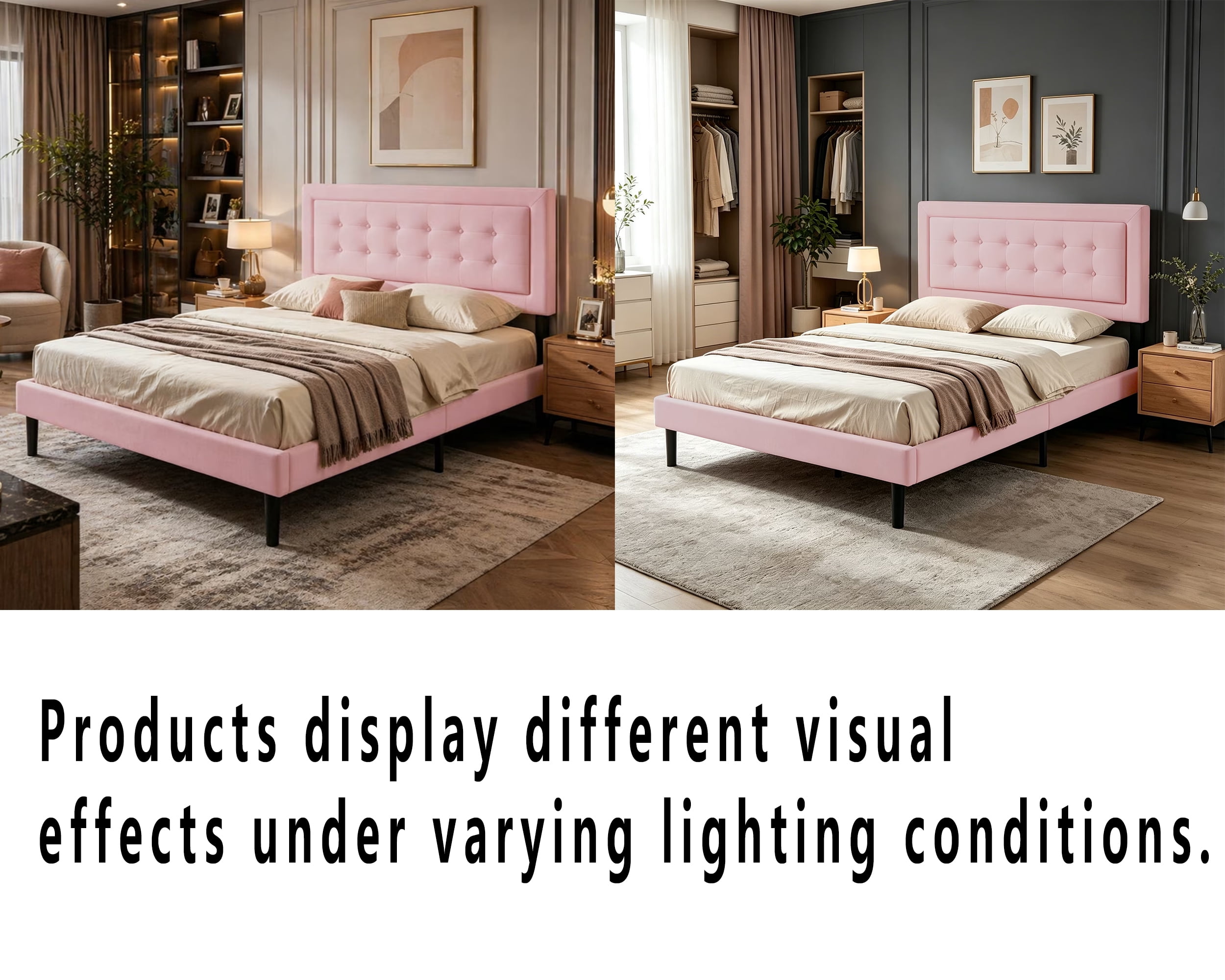 Gewnee Queen Size Velvet Platform Bed Frame, Square Tufted Headboard, Wood Slats Support, 600 LBS Capacity, Easy Assembly, Bedroom Furniture, Pink