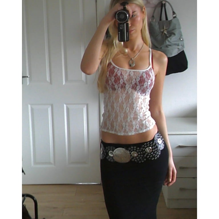 Women Y2K Floral Lace Cami Crop Top Sheer Mesh See Through Women Y2K Floral Lace Cami Crop Top Sheer Mesh See Through