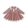 thumbnail image 2 of Girls Crochet Knitted Dresses Size 0-3 Toddlers Kids Cute Long Sleeve Button Doll-Collar Color-Block Pleated A-Line Soft Warm Fall Midi Dress, 2 of 3