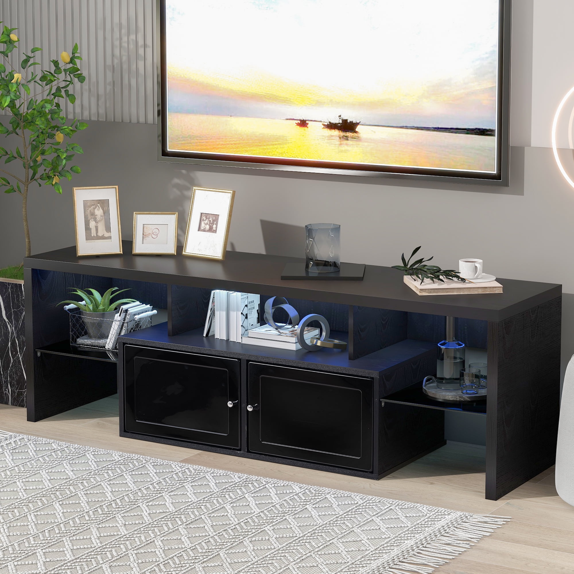 Resenkos RGB Entertainment Center with Remote Control for up to 65 inches TV, Gaming LED Media TV Console Stand for Living Room Black