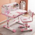 thumbnail image 4 of Kids Functional Desk and Chair Set, Height Adjustable Children School Study Table Chair Set with Cartoon Pattern, Ergonomic Desk Chair with Large Writing Board, Bookshelf and Book Bucket (Pink, Blue), 4 of 8
