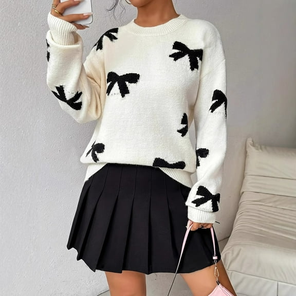 Women'S Elegant Knit Pullover Sweater, Cute Crew Neck Long Sleeve Top with Butterfly Pattern, Regular Fit Polyester Knit Fabric for Fall/Winter