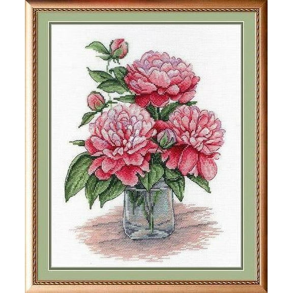 Counted Cross Stitch Kit Red Flowers HB-543 / SNV-543 Peonies Needlework Easy Pink Green By MP Studia