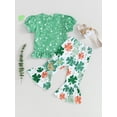 thumbnail image 5 of FEORJGP Kids Baby Girl Irish Day Outfits 9M 1T 2T 3T 4T Toddler Short Sleeve T-Shirt Letter Print Shirt Crew Neck Tops and Four-Leaf Clover Print Flare Pants Infant Cute Summer Clothes, 5 of 9