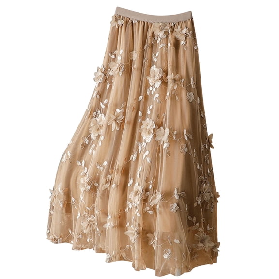 jtjvou Women's Floral Embroidered Tulle Maxi Skirt High Waist Flowy A-Line Long Skirt Fairy Elegant Mesh Skirt for Party Khaki Free Size
