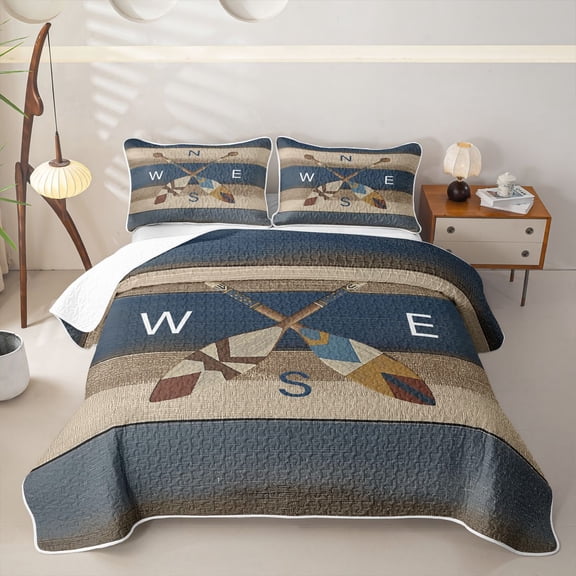Erosebridal Rustic Lake House Twin Quilt Set for Boys Girls, Paddles Compass Twin Coverlet Set, 2 Pieces 1 Bedspread and 1 Pillowcase