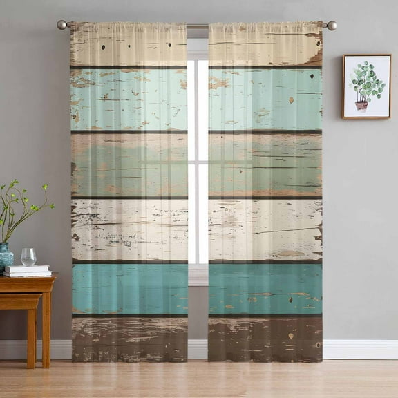 Farmhouse Teal Brown Sheer Curtains 63 Inches Length 2 Panels Set, Window Sheer Curtains for Living Room/Bedroom, Vintage Ombre Wooden Light Filtering Rod Pocket Curtain 52'' x 63'' x 2