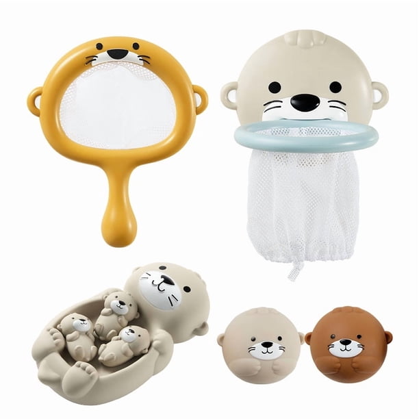 Baby bath water toy - Otter Family Tub Toy Bathtub Floating Toy for Kids - Soft Vinyl and ABS Plastic Material (Otter+net fishing+ball board+2 balls)