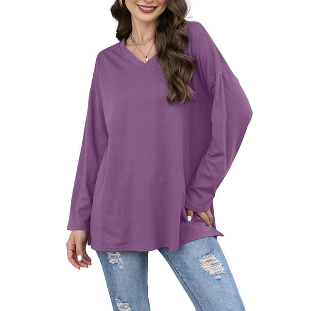 Hauts pour Femmes Manches Longues Col en V Tunique Décontractée Hauts Basiques Chemises Coupe Ample Blouse m