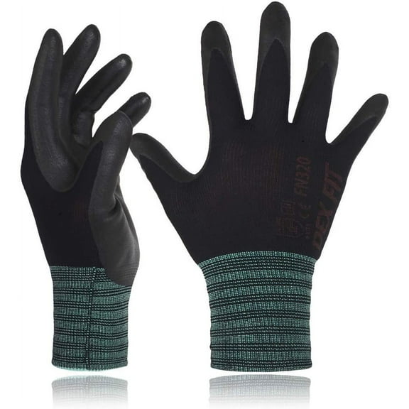 Premium Nylon Work Gloves FN320-3 Pairs, Firm Nitrile Grip, 3D-Comfort Stretchy Fit, Thin & Lightweight, Protective & Durable, Breathable, Machine Washable; Black 8 (M)
