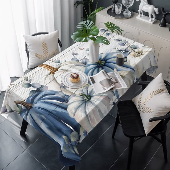 Blue Gray Pumpkins Fall Table Cloth Waterproof Tablecloths, Thanksgiving Eucalyptus Leaves Tablecloth Dining Table Cover for Kitchen Party Tabletop Outdoor, Rectangle Tablecloth 60x120 Inch