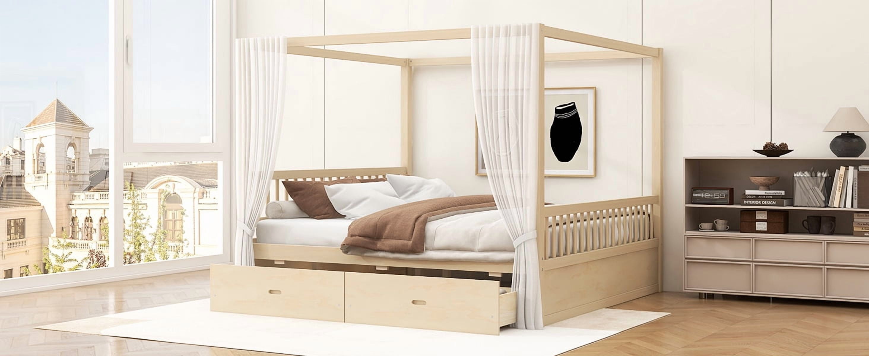 Mintazer King Size Canopy Bed with 2 Storage Drawers, Platform Bed Frame with Slatted Guardrails, No Box Spring Needed, Natural