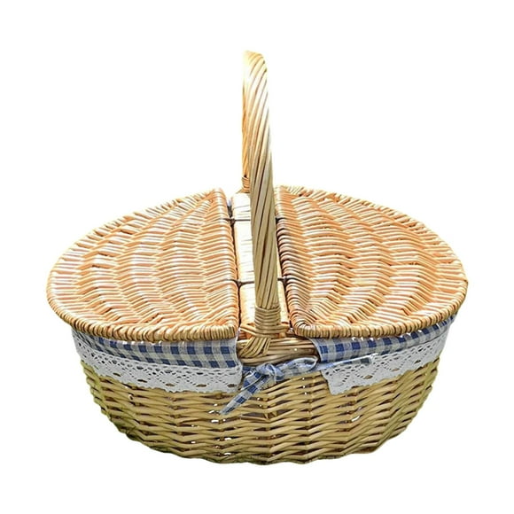 Cesta de picnic de mimbre con tapa, canasta de picnic, organizador de almacenamiento decorativo a mano para Pascua, decoración diaria,