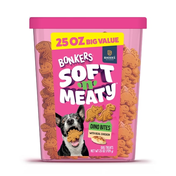 BONKERS Soft & Meaty Dog Treats Made with Real Chicken, Dinosaur Shapes, 25 oz Tub