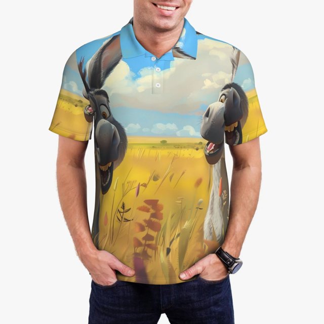 Balery Funny Countryside Donkey Camisa Polo de Hombre con Estampado, de Manga Corta y Tejido Medio, Camisa Tipo Golf Polo-X-Large