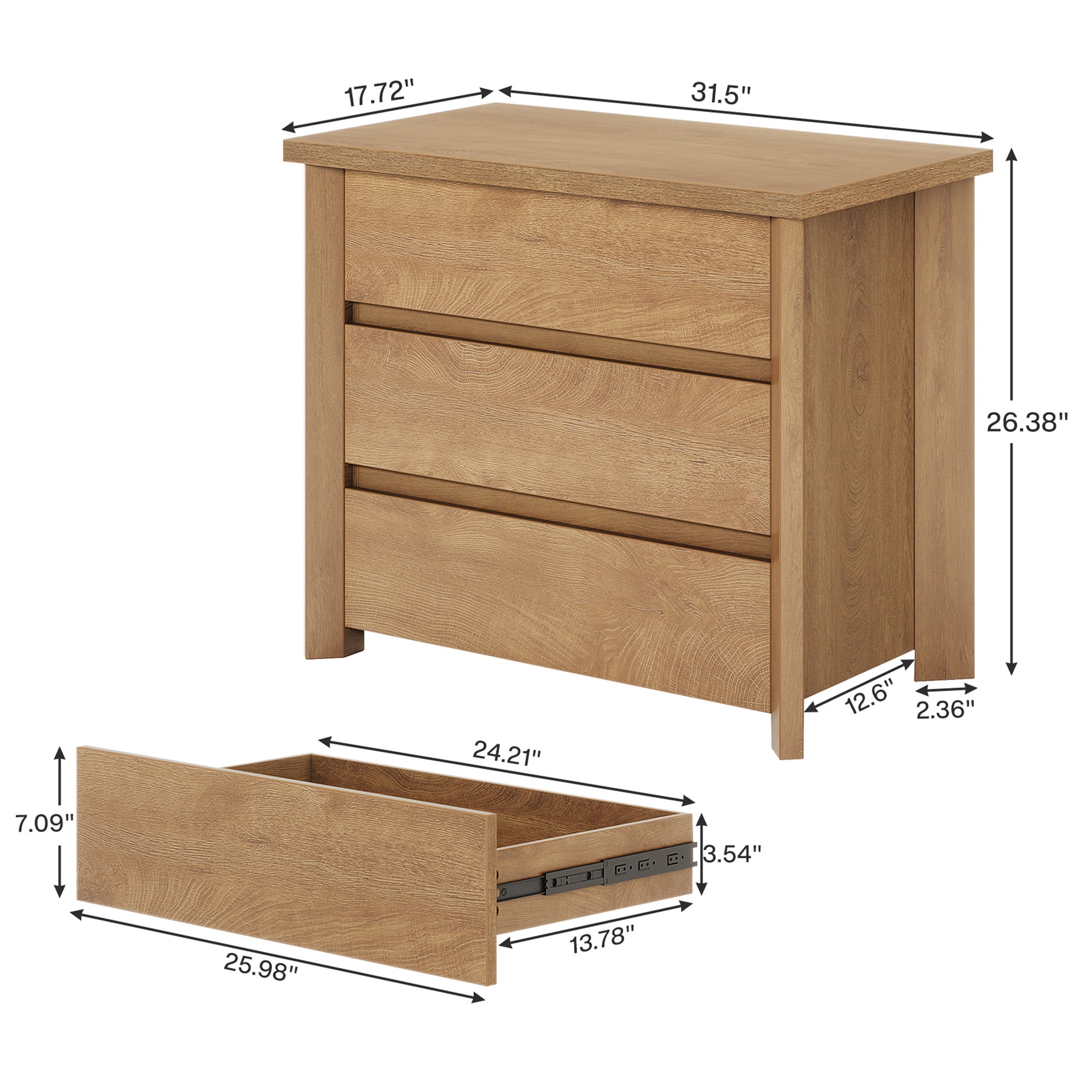 MAYEERTY 3-Drawer Rustic Brown Nightstand, Smooth Sliding Drawers Spacious Storage Bedside Table for Bedroom