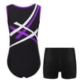 thumbnail image 5 of Raenseen Kids Girls Contrast Color Patchwork Sport Suit Sleeveless Round Neck Gymnastics Leotard with Purple&Black 6, 5 of 9