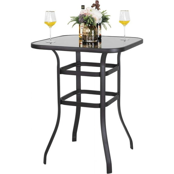 NALYL Nuu Garden Patio Bar Table 32 Inch Outdoor Bar Height Bistro Table with Tempered Glass Table Top and Powder-Coated Iron Frame for Patio, Backyard, Cafes, Black