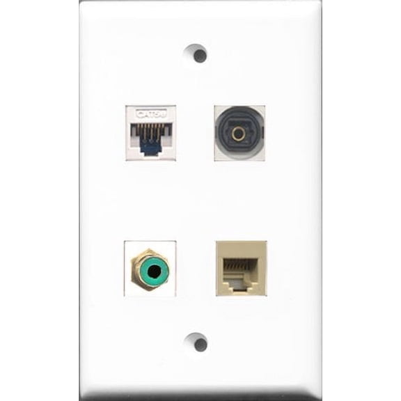 RiteAV 1 Port RCA Green and 1 Port Phone RJ11 RJ12 Beige and 1 Port Toslink and 1 Port Cat5e Ethernet White Wall Plate