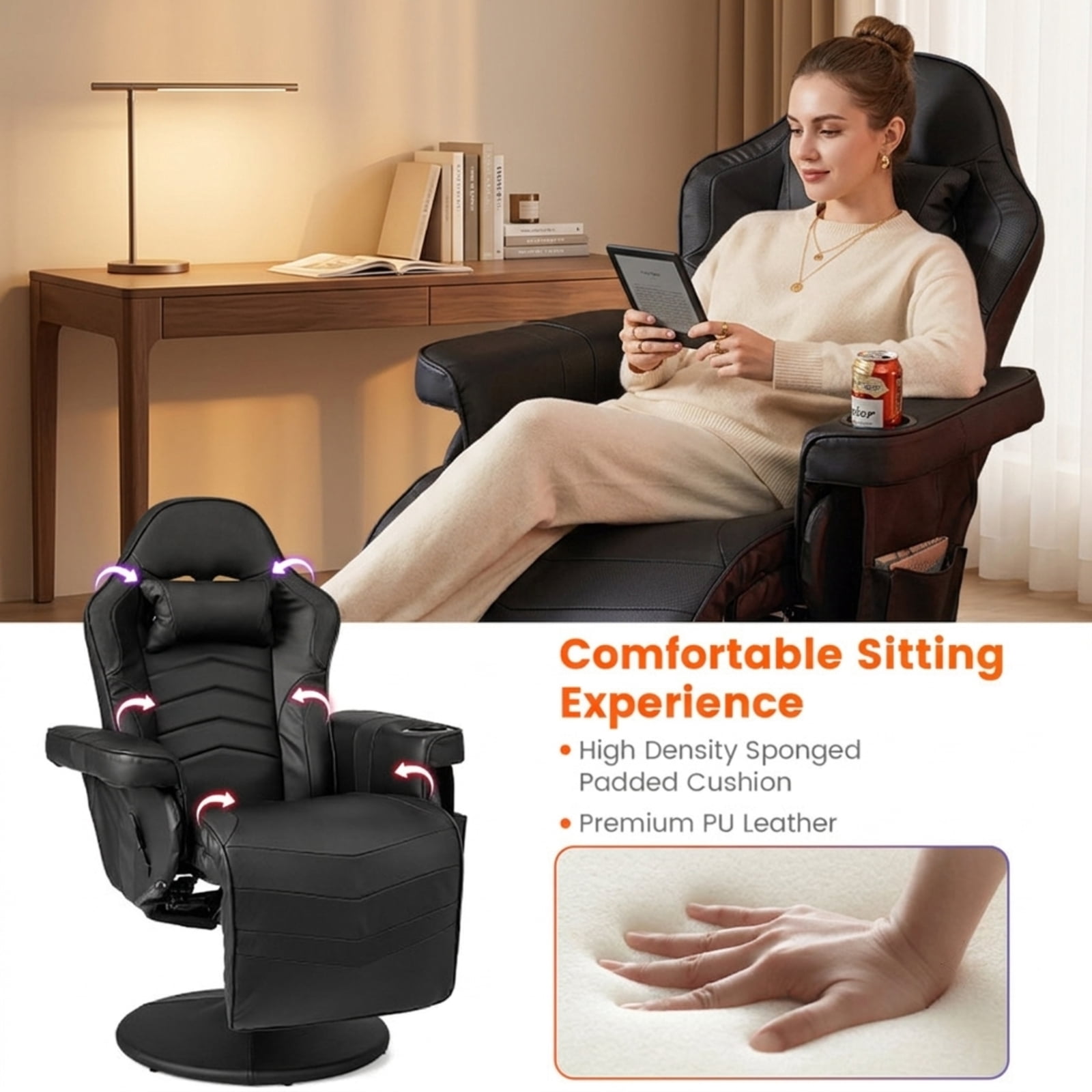 Furnibear Massage Video Gaming Recliner with Adjustable Height Reclining Backrest Retractable Footrest and Cup Holder for Office and Gaming, Black