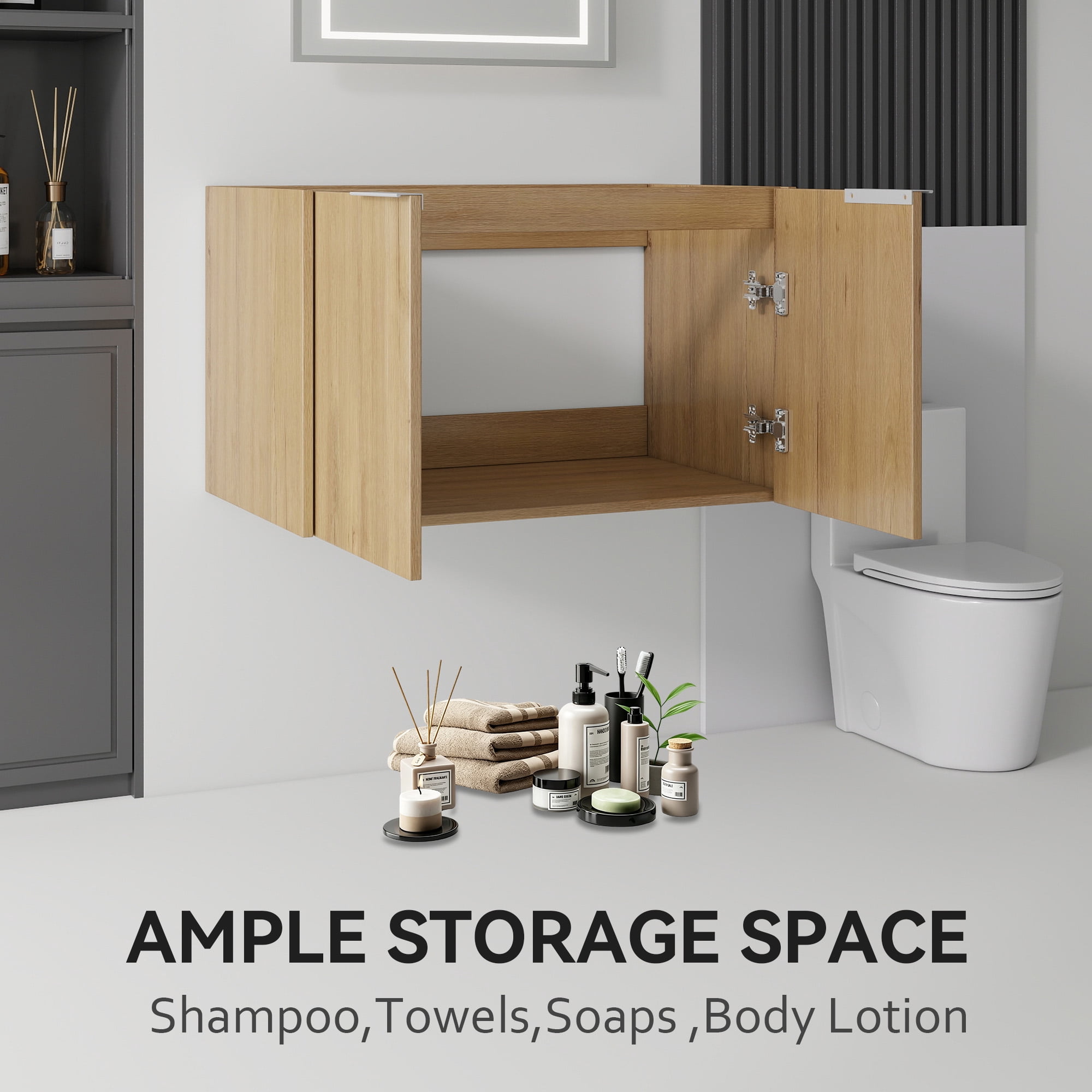 Leumius 30" Floating Bathroom Vanity Cabinet,Soft-Close Double Doors,Wall Mounted Cabinet Set Design Bathroom Vanity for Small Space,Cabinet Only,Oak