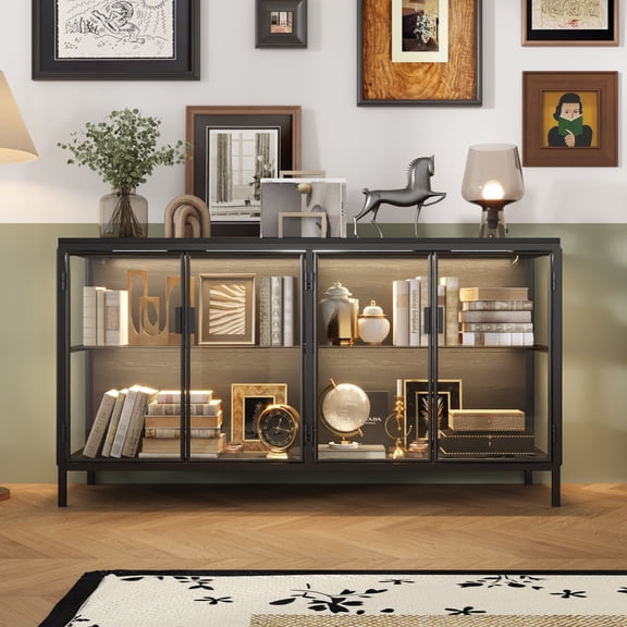 KULAGAGA 3-Color LED Light Storage Cabinet with Glass Shelves & 4 Compartments, Modern Sideboard Buffet with Solid Metal Legs for Living Room and Dining Room, Black