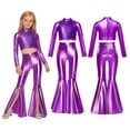 thumbnail image 2 of iiniim Girls Metallic Disco Hip Hop Jazz Dance Outfit Sequin Crop Top and Split Bell Bottom Pants Streetwear Purple 14, 2 of 7