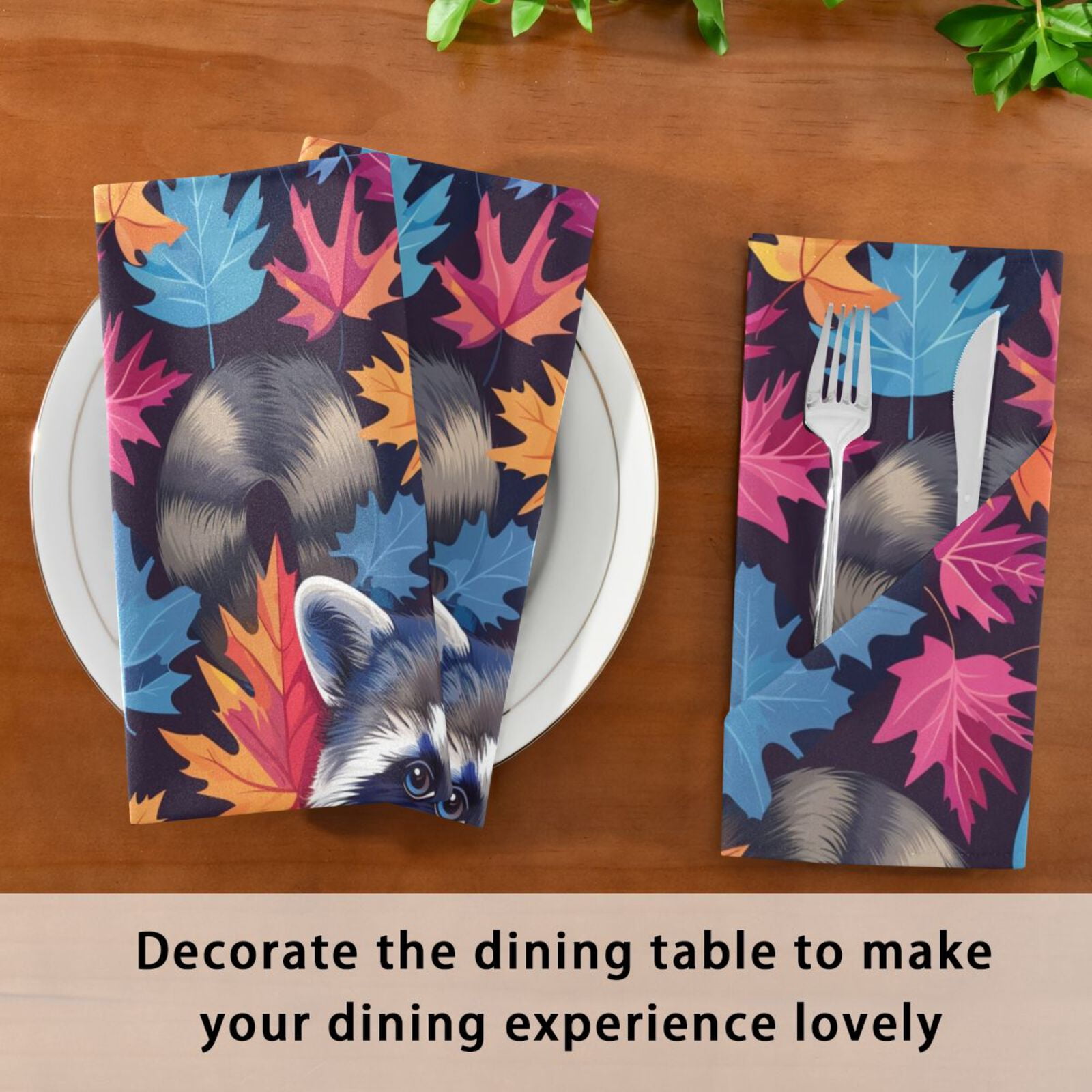 JSTEL Raccoon Maple Leaves Rainbow Color Cloth Napkins Set of 6, 20x20 Inch Washable and Reusable Napkin for Decoupage Dinner Party Everyday Use