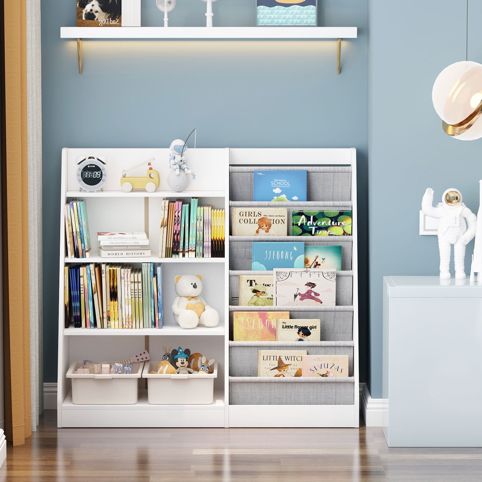 Hironpal Large 6 Layer Sling Kids Bookshelf, 4 Tier Wooden Children Toy Organizer Cabinet for Playroom Nursery Classroom Library