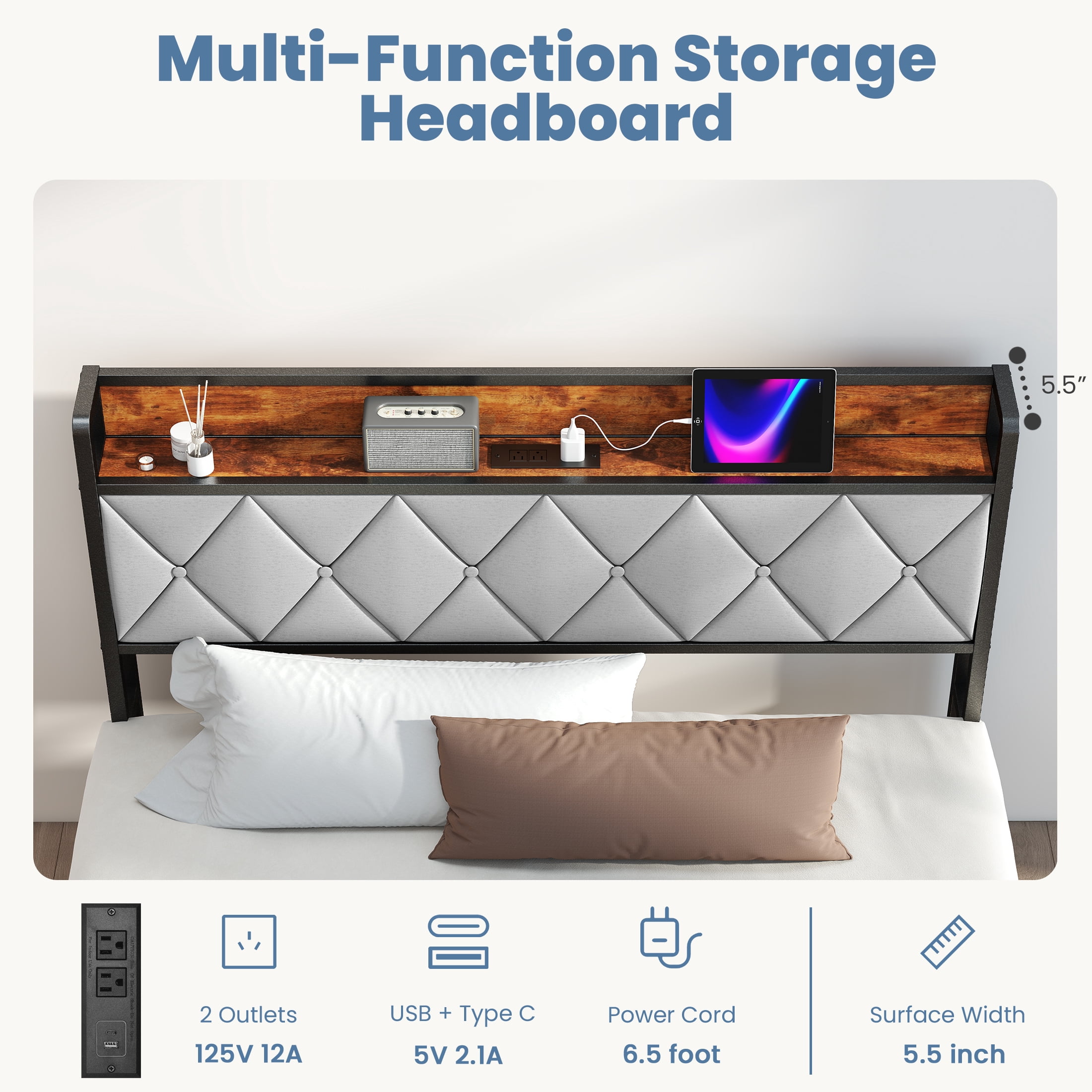 CONCETTA Full Bed Frame, Heavy Duty Metal, Storage Headboard with Charging Station, Noise Free, No Spring Box Required, 880lbs Capacity