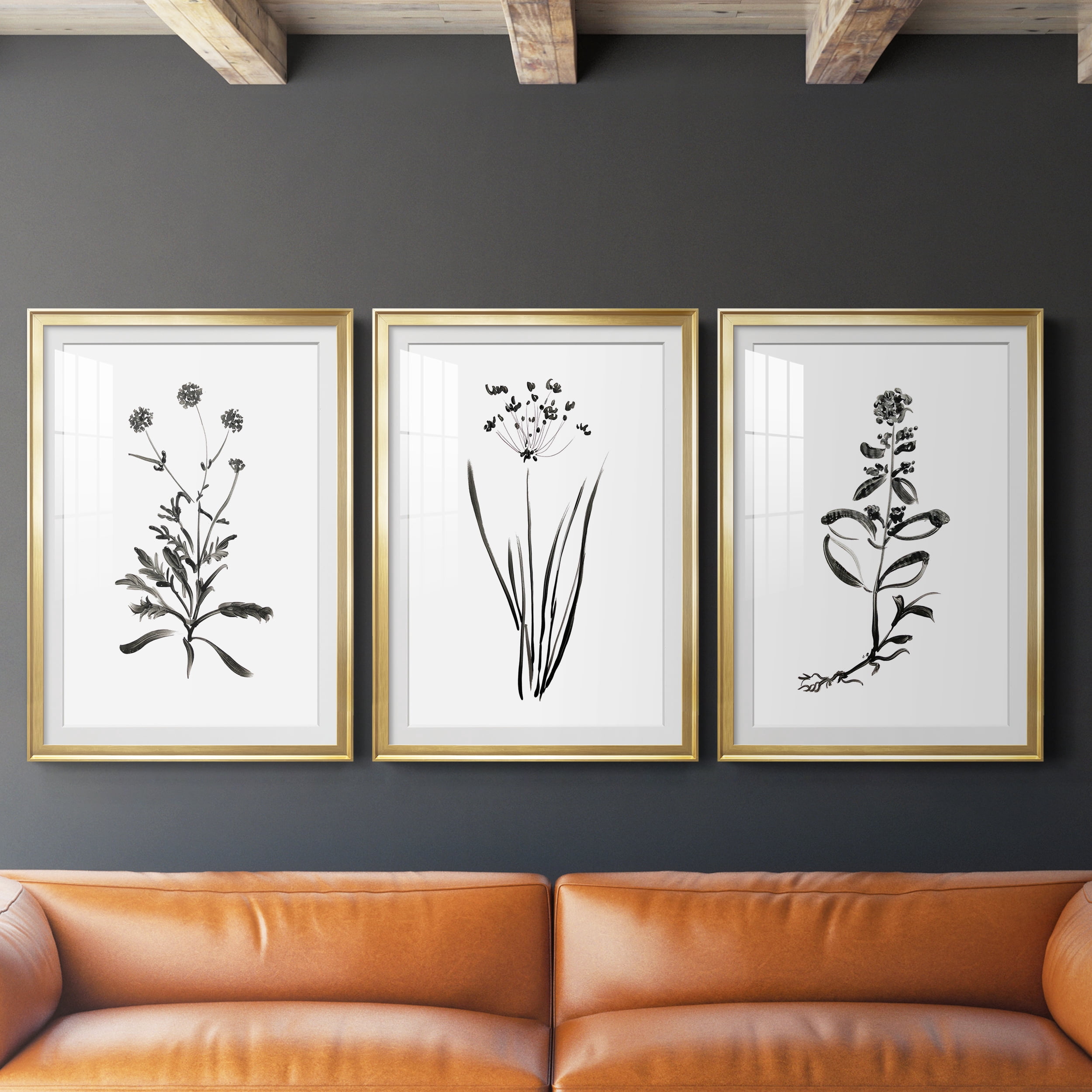 Inky Botanical I Premium Framed Prints Set of 3 - Ready to Hang - 26.5 x 36.5 Each - Gold Frame