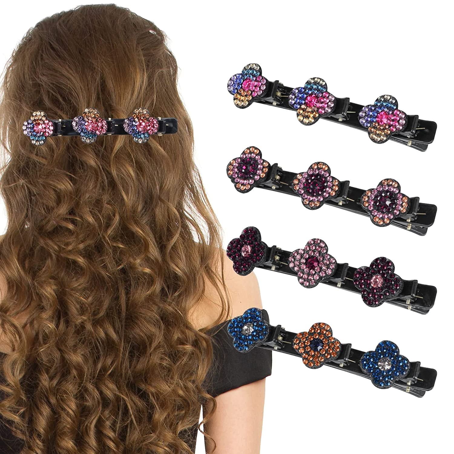 4PCS Braided Hair Clips, Sparkling Crystal Stone Braided Hair Clips