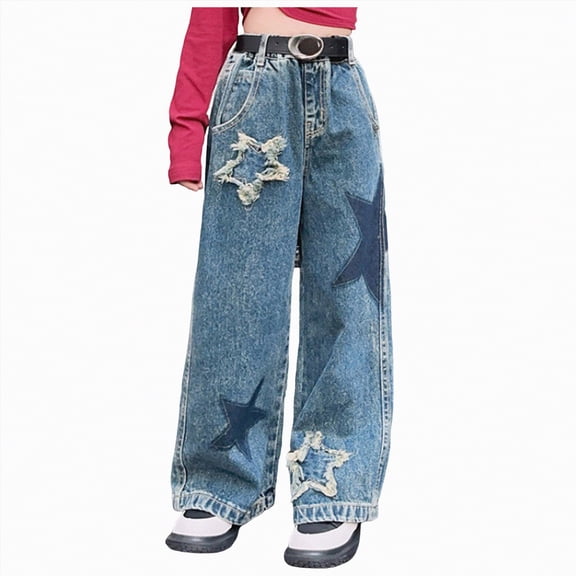 JUMEYU Jeans Girls Girl's Heart Pattern Denim Pants Elastic High Waist Straight Leg Jeans Baggy Jeans Elastic Waist Wide Leg Jeans Size 11-12 (Blue,11-12 Years)