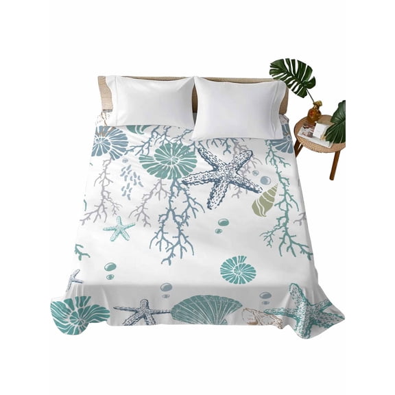 Ocean Coastal Flat Sheets Only King Size, Soft Breathable Bed Top Sheets for Mattress, Nautical Starfish Conch Seashells Coral Luxury Bedding Flat Sheets for Home Hotel Bedroom Bed Protection