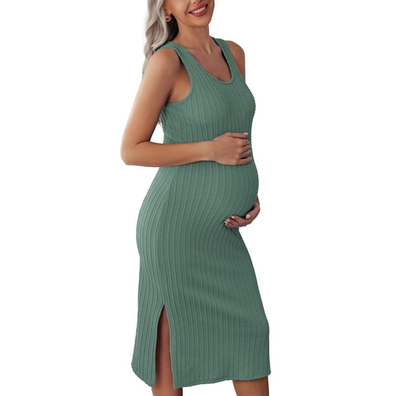 KISSGAL Green Maternity Dress for Baby Shower Women Rib Knit Summer Bodycon Midi Dress Sleeveless Tank Dress Casual Pergnancy Outfits for Photoshoot