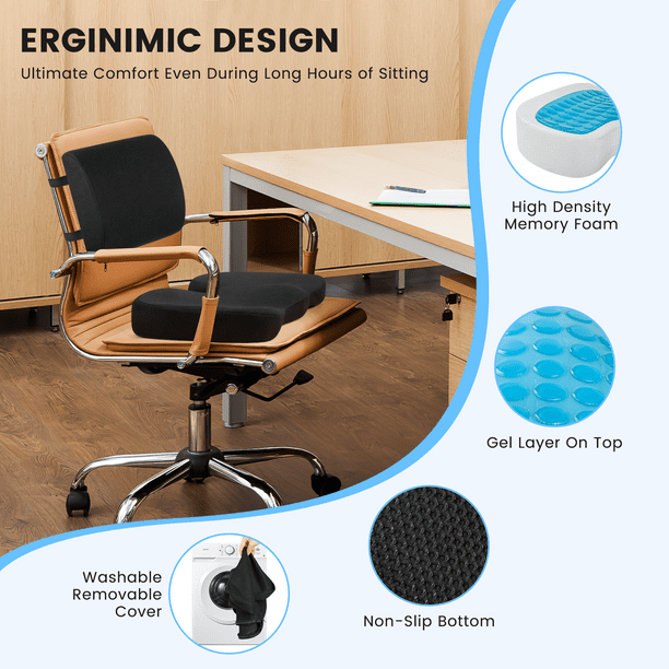 Seat Cushion and Lumbar Support Pillow for Office Chair Car Wheelchair Gel Desk Chair Cushion and Memory Foam Back Support Pillows for Sciatica