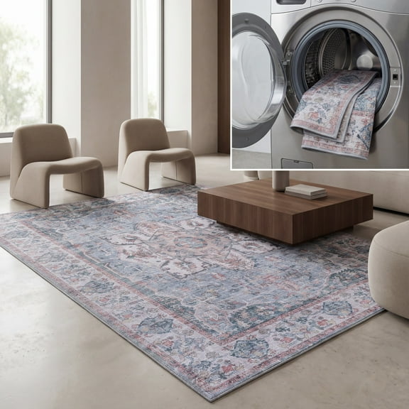 SAFAVIEH Vintage Heriz Mesa Medallion Machine Washable Area Rug, Blue/Beige, 6'7" x 6'7" Square