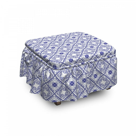 Floral Ottoman Cover, Art and Craft Flower, 2 Piece Slipcover Set with Ruffle Skirt for Square Round Cube Footstool Decorative Home Accent, Standard Size, White and Blue, by Ambesonne