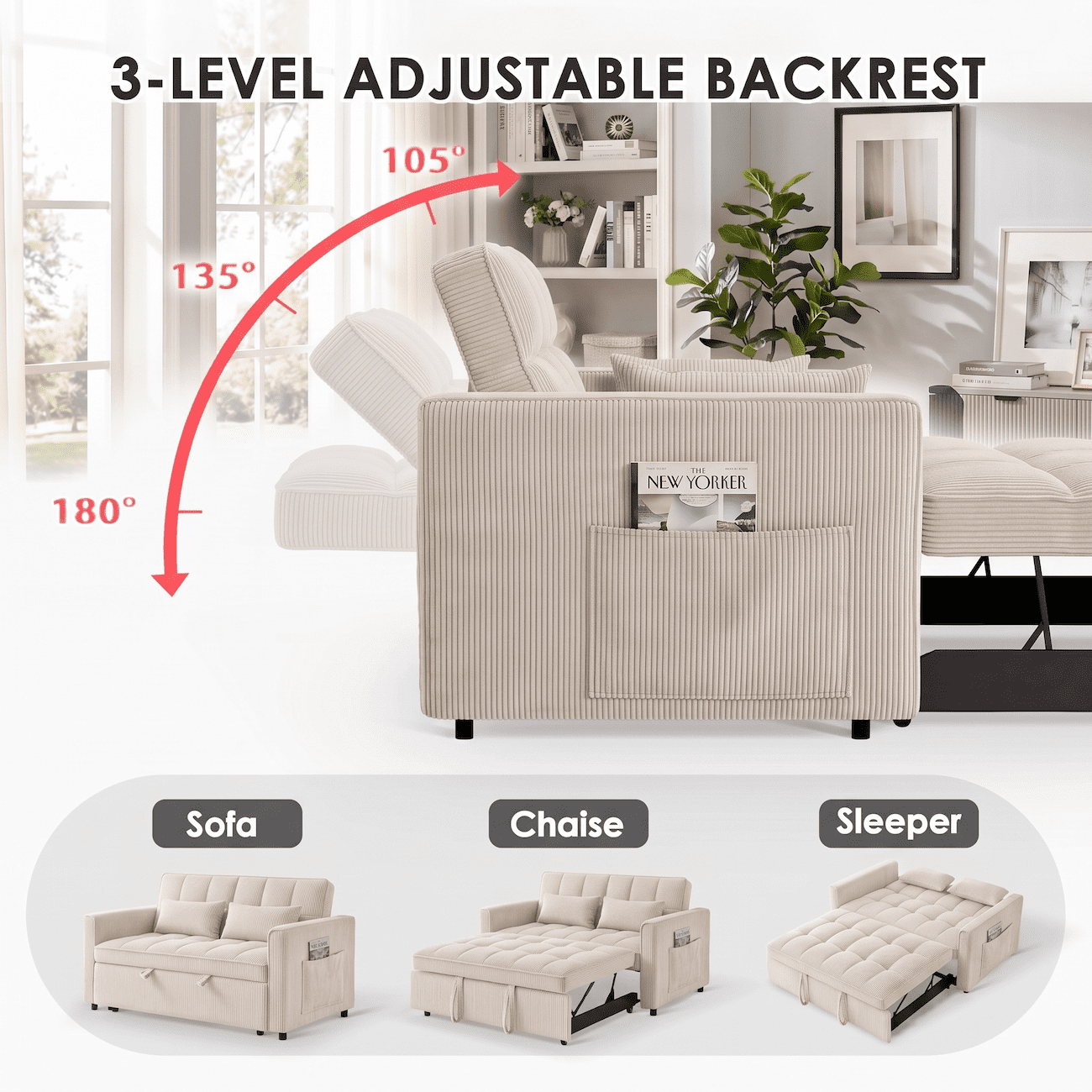 Xiweot 54" Sleeper Sofa Bed, Convertible Pull Out Couch for Living Room Apartment, Velvet Futon Loveseat Sofa Bed with Adjustable Backrest, Side Pockets, 2 Pillows, Easy Assembly (Beige)