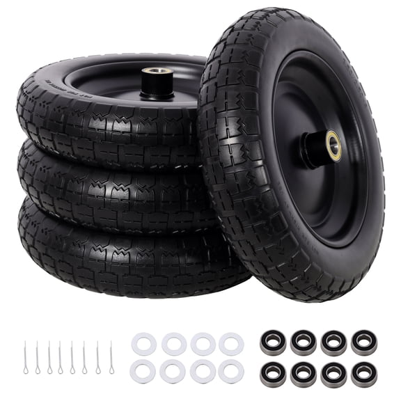 Leumius 4-Pack 13in Flat-Free PU Foam Tires Fit Wheelbarrow for Garden Wagon Cart, Hand Trucks and Utility Cart with 3/4" and 5/8" Bearings Kit