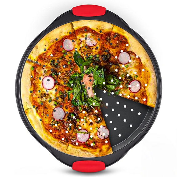 GPED Round Carbon Steel Pizza Pan with Perforated Holes & Non-Stick Coating, 15 Inch Round Pizza Baking Sheet with Secure Silicone Handles for Evenly Cooked Pizza, Oven & Grill Safe