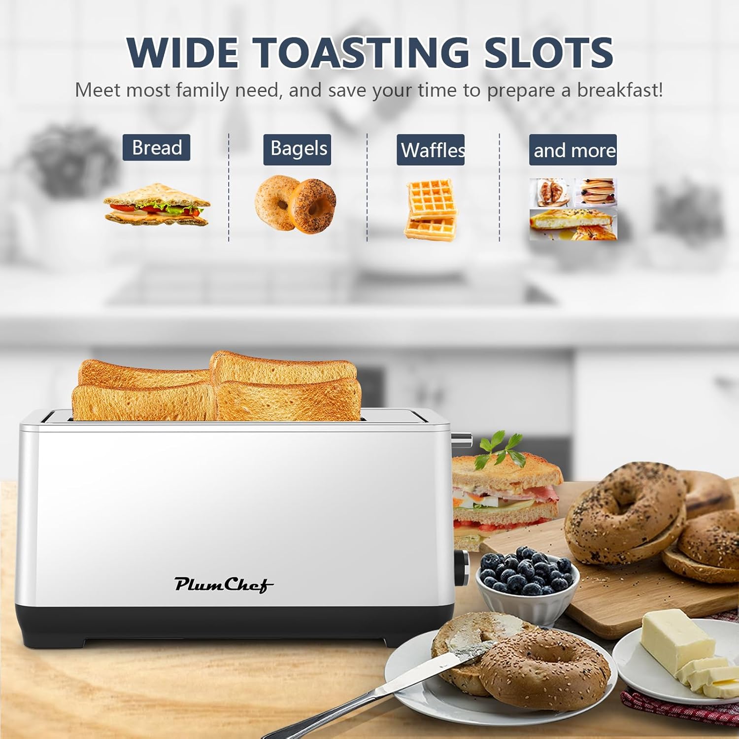 4-Slice Extra Wide Long Slot Toaster (Silver, 1350W) - Stainless Steel, Removable Crumb Tray, 6 Browning Settings & Bagel/Defrost/Reheat Functions