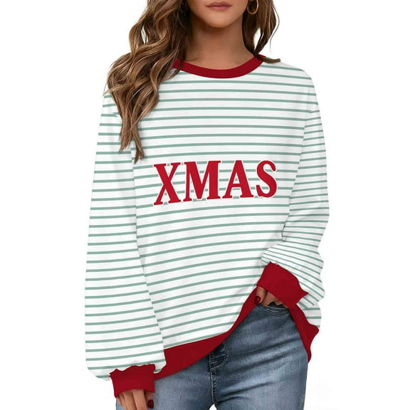 Cavosen Christmas Womens Sweaters Cute Crew Neck Long Sleeve Fleece Ugly Pullover Stripe Solid Loose Blouses Party Shirt Tops