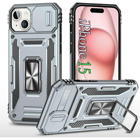 Cover for iPhone 15,with Camera Cover and Kickstand,[Military-Grade Protection Case],for iPhone 15 Case Silvery