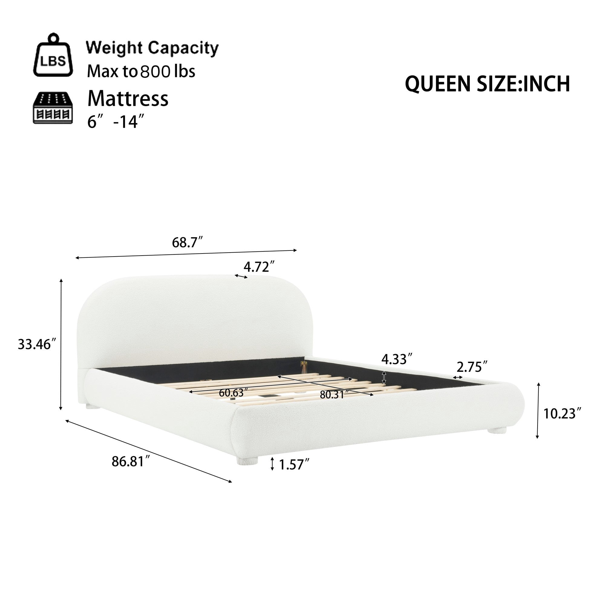 Sailvan Queen Cream Upholstered Bed Frame with Curved Headboard,Modern Textured Fabric Platform Bed,Heavy Duty 800lb Support,Cream White