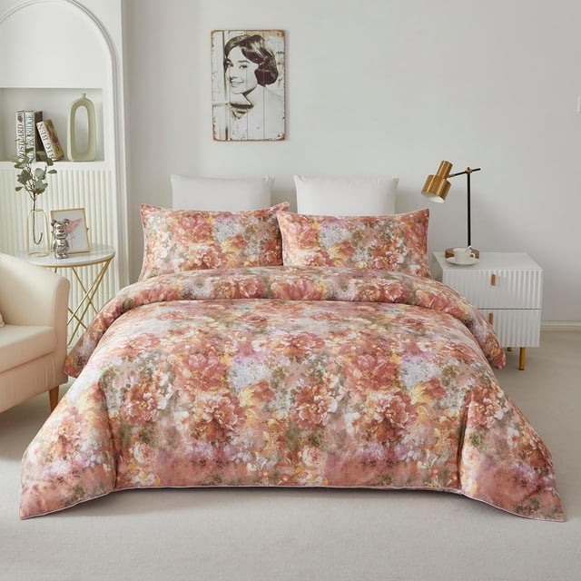 Flor Pintura Juego de cama tamaño Queen Rojo 3Pcs Funda Nórdica Set Shabby Flor