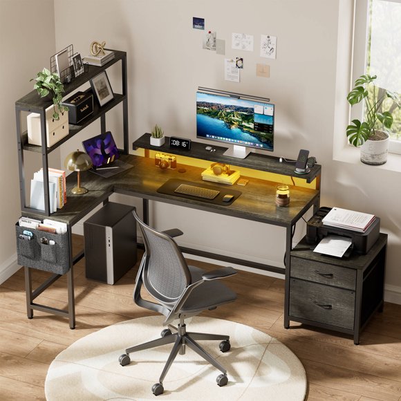GUNAITO 71 inch Computer Desk with LED Lights & Power Outlet Office Desk with Fabric Drawer Gaming Desk with Monitor Stand Large Corner Desk with Double-layer Storage Shelf,Grey Oak